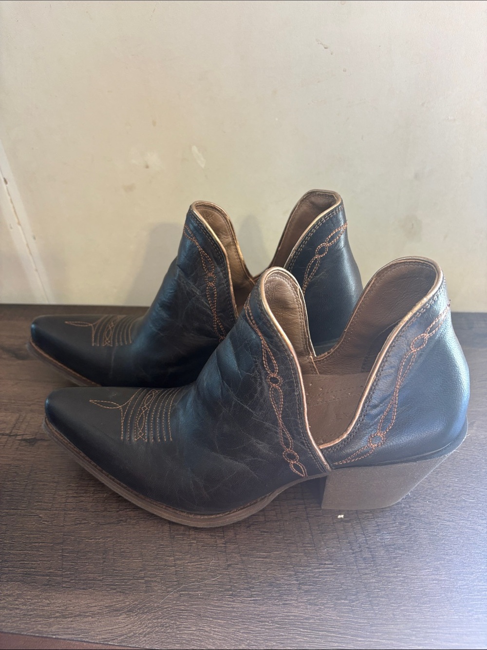 Ariat Black Leather Western Cutout Ankle Booties with Brown Stitching